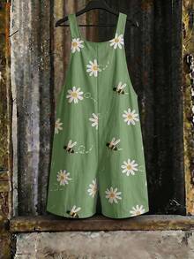 Conjunto de camiseta y pantalones cortos con estampado de margaritas verdes talla grande, mono informal con cordón, tirantes y bolsillos para mujer, conjunto de vacaciones de verano - Multicolor - Ver 2