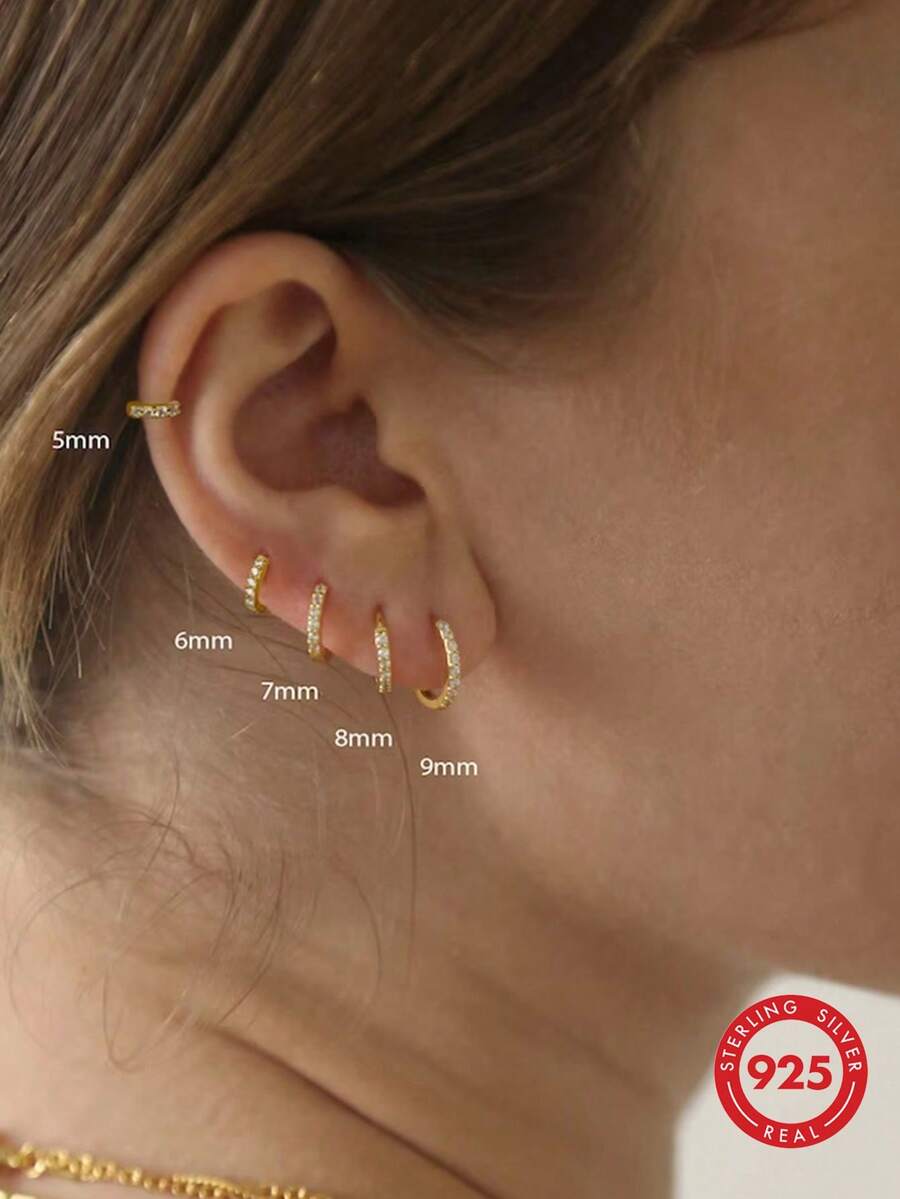 1 par de pendientes de aro de plata de ley 925 con circonita cúbica clásica de 5 mm a 9 mm, chapado en oro de 18 quilates, hipoalergénicos, pendientes pequeños para cartílago, adecuados para uso diario de mujeres