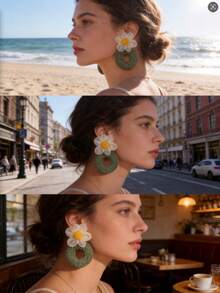 1 Pair Rustic Daisy Rattan Woven Earrings, Double-Layer Floral Hoop Earrings, Unique Design, Suitable For Beach Vacation, Music Festival, Boho Style, Girlfriend Trip, Spring Fresh Look, Casual Vacation Outfit, Date Night - Olive Green - View 8