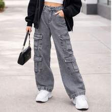 Girls' 4-Pocket Cargo Pants, Wide Leg Jeans - 石墨 - 查看 1