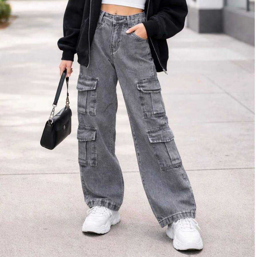 Girls' 4-Pocket Cargo Pants, Wide Leg Jeans - 石墨 - 查看 1