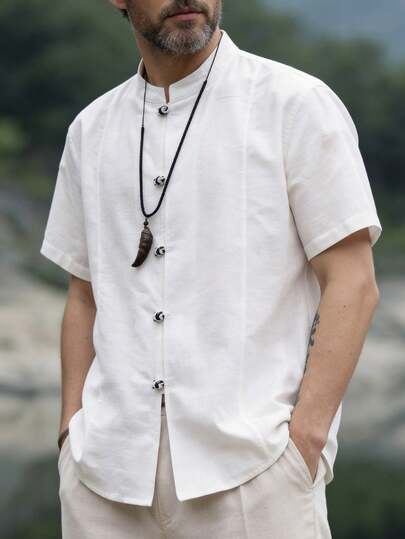 Men's Casual Fashionable Versatile Contrast Color Button-Down Chinese Style Short Sleeve Shirt, Suitable For Outdoor Wear