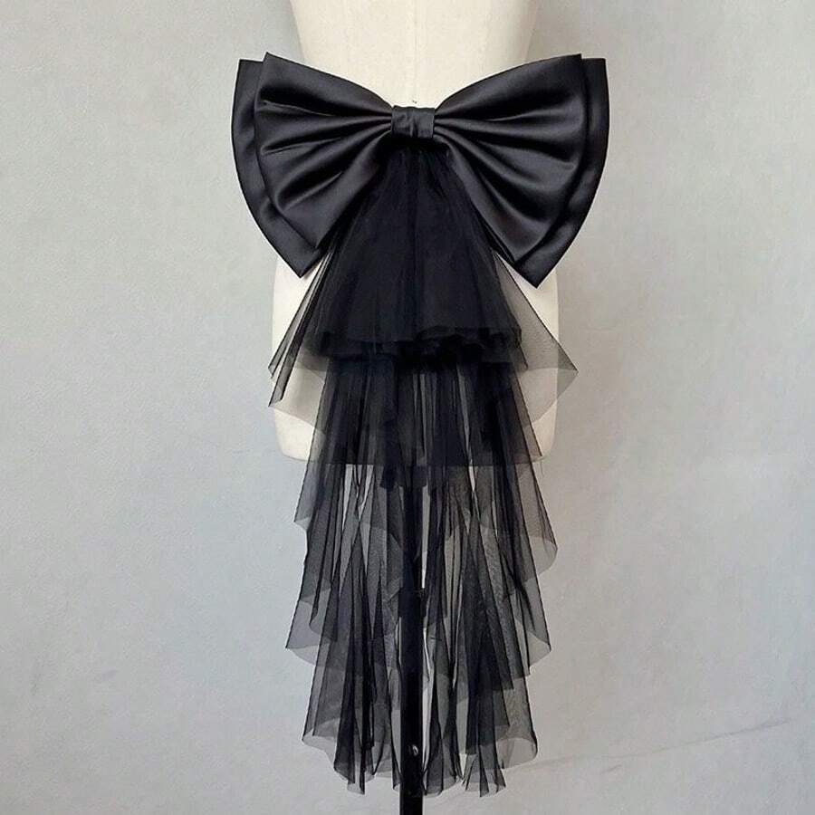 1pc White Satin Oversized Bow Backpiece, Asymmetrical Mesh Ribbon Waist Decor - Multicolor - View 1
