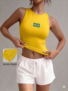 Women's Double-Layered Polyamide Blouse With Brazil World Cup Theme. Suitable For Evenings, Holidays, Vacations, Office, Home, Diaries, Birthday Parties, Dating, Homecoming, Travel, Brunch, Airport Wear, Sports And Fitness. - 黃色 - 查看 6
