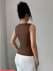 Solid Color Sleeveless T-Shirt With Metallic Embellishment For Fitted Wear - Coffee Brown - View 2