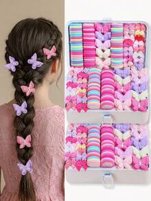 115pcs/Set Random Color Cute Pink Butterfly Hair Accessories Set, Including Hair Ties, Bows, Clips - Suitable For Girls, Suitable For Daily School, Party, Fits Vintage, Sweet, Academic Styles - Multicolor - View 1