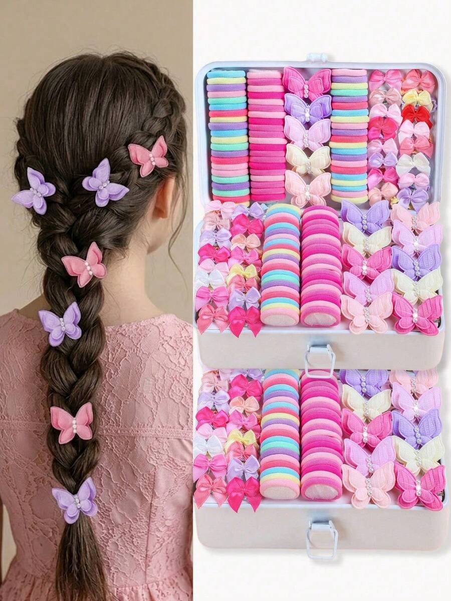 115pcs/Set Random Color Cute Pink Butterfly Hair Accessories Set, Including Hair Ties, Bows, Clips - Suitable For Girls, Suitable For Daily School, Party, Fits Vintage, Sweet, Academic Styles - Multicolor - View 1