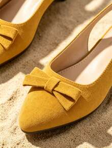 Women's Yellow Cashmere Pointed Toe Ballet Flats,French Elegant Comfortable Slip On Business Shoes,Bow Decor,Half-Covered Toe,Work Casual Chic Loafers ,Non-Slip Soft Sole Everyday Walking Shoes,Closed Toe Hollow Out Sandals - Yellow - View 7