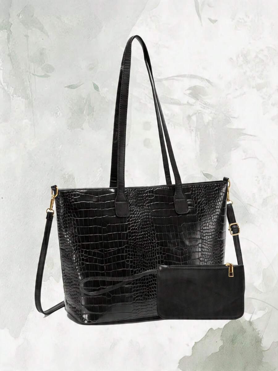 Versatile 2Pcs Durable Crocodile PU Leather Tote Bag Set For Women, Stylish Large Capacity Daily Handbag With Premium Metal Hardware For All Occasions - Multicolor - View 1