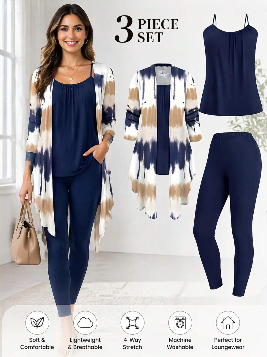 Women's Three-Piece Fashion Set - 2025 New Women's Sleeveless Tank Top, Tight Leggings And Casual Patchwork Sweater, Four-Season Comfort, Local Warehouse, Women's Gift, Everyday Casual Wear - 藍色 - 查看 1