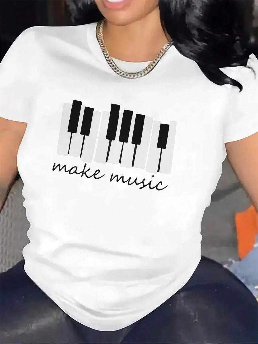A T-Shirt With A Ke Motif, Perfect For Music Enthusiasts. It's Durable And Comfortable, Making It Suitable For Home, The Office, Or The Studio. This Graphic Tee Is Ideal For Everyday Wear, Made From Soft, Lightweight Fabric. - 白色 - 查看 1