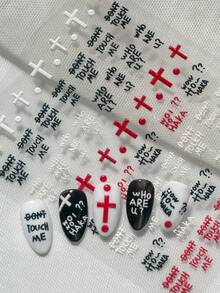 1 Sheet Dark Edgy 6D Embossed Nail Art Stickers, Includes Black, White, Red Cross, Personalized English Slogans (DON'T TOUCH ME/Who Are U?), Suitable For Street Style, Dark Aesthetic, Personalized Nails, Baddie Looks, Ideal For Subculture Enthusiasts, Baddie Girls, Students, Nail DIY Beginners, Edgy Fashionistas - Multicolor - View 7