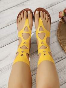 Giày sandal nữ mùa hè mới, cao cổ, hở mũi, buộc dây, khoét lỗ, đính đinh tán, thoải mái, thời trang, kiểu La Mã. - Màu vàng - Xem 3