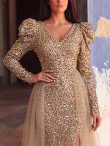 Women's Elegant Sequin Long Sleeve Split Dress With Flowing Chiffon Train, Suitable For Balls, Birthday Parties, Formal Dinners As Luxury Evening Gown, Summer Vacation Outfit Party - Champagne - View 4