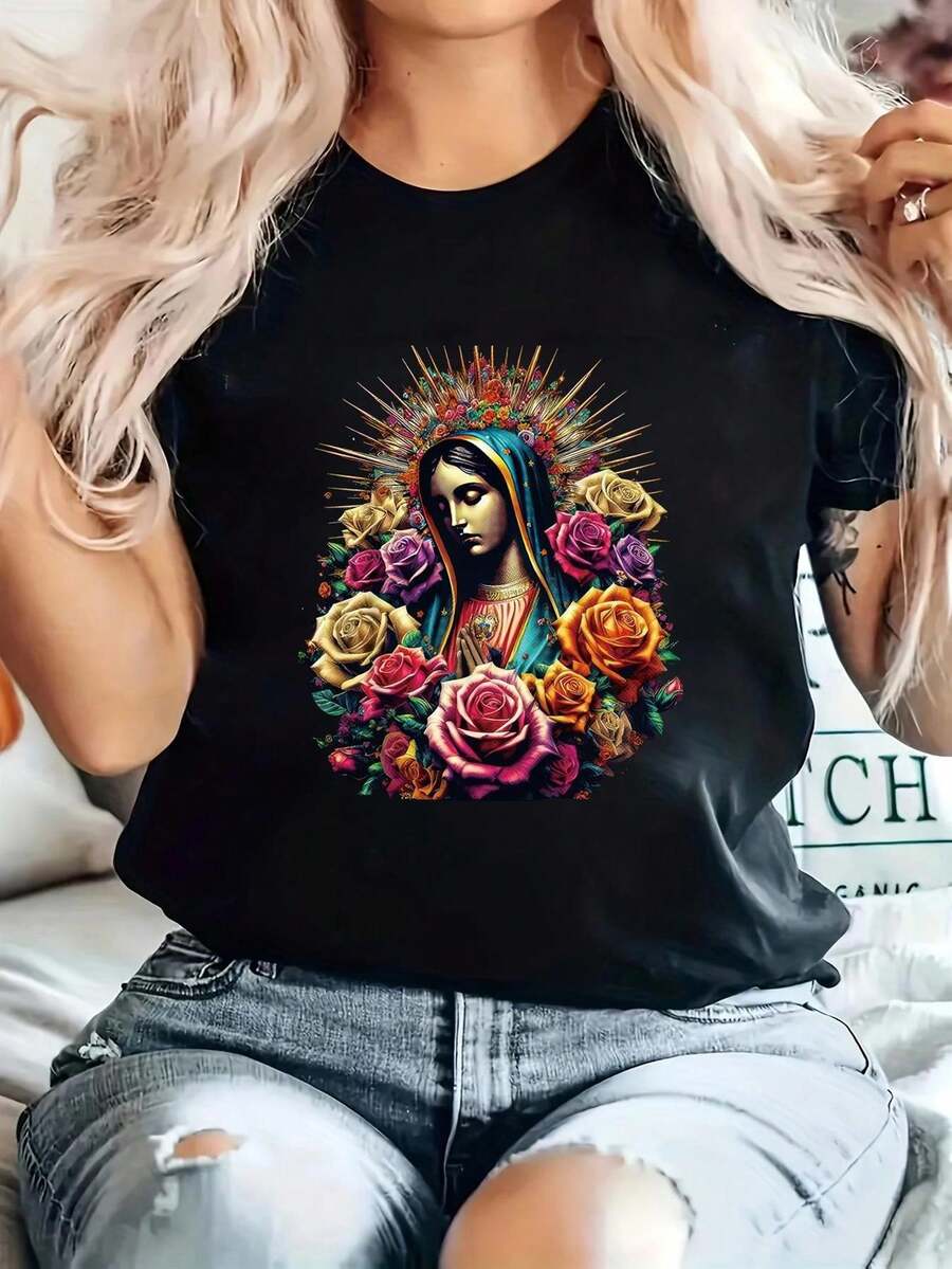 Camiseta gráfica casual de las mujeres para la relajación en el hogar - suave, de manga corta, negro con diseño floral y figura brillante, primavera / verano de la moda superior, cómodo cuello redondo con estiramiento medio