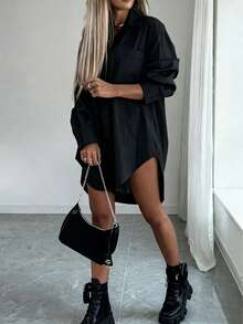 Women Solid Color Button-Up Curved Hem Long Sleeve Blouse Casual Black Spring - Black - View 1