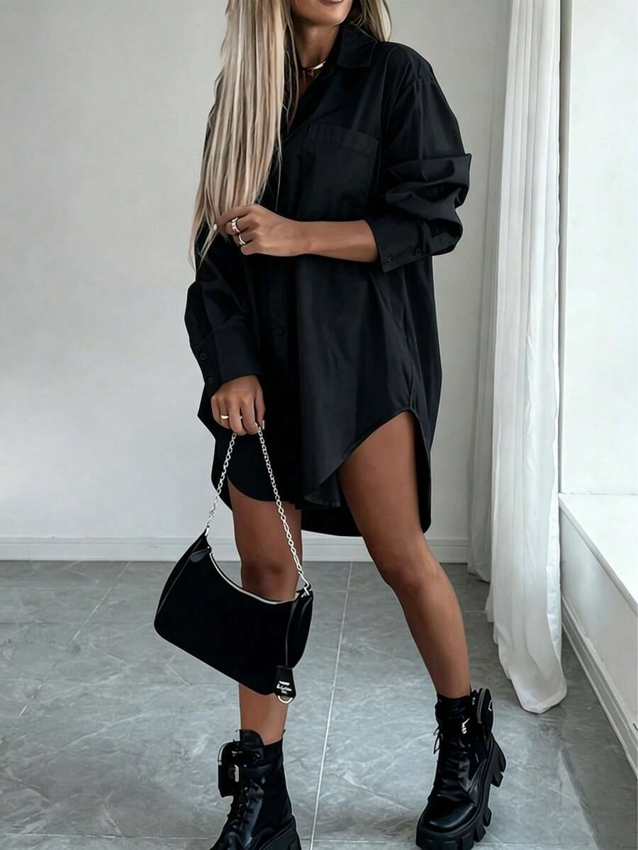 Women Solid Color Button-Up Curved Hem Long Sleeve Blouse Casual Black Spring - Black - View 1