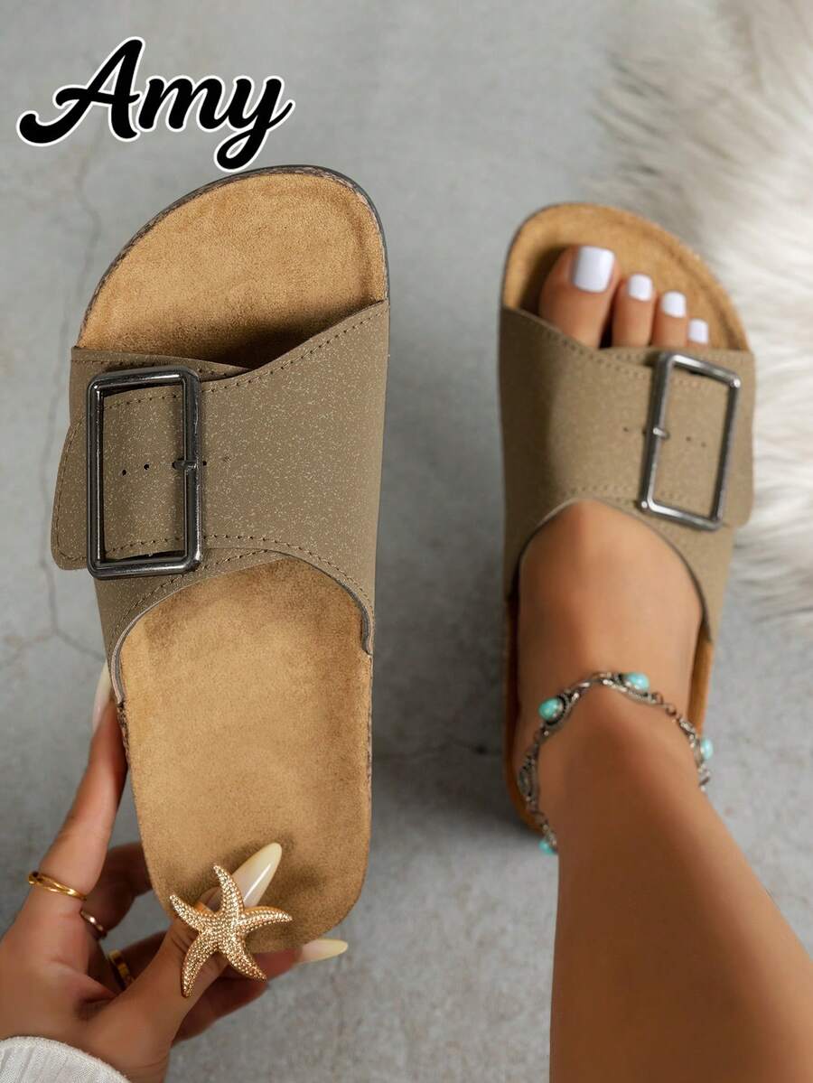 Sandal Datar Kasual Wanita Serbaguna, Dengan Penopang Lengkungan Kaki dan Gesper yang Dapat Diatur, Tahan Aus dan Anti Selip, Sandal Bertali Tunggal dengan Ujung Bulat