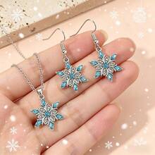 Turquoise Snowflake Faux Crystal Necklace And Earring Set, Rhinestone Embellished Unique Design Ice & Snow Theme Pendant Necklace And Earrings, Suitable For Women's Daily, Commute, Party Wear, Gift For Girlfriend/Family, Hypoallergenic Material, Festive Winter Accessory - Snowflake Set - View 8