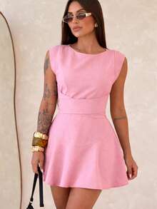 Women's Short Dress With Tailored Shorts | Muscle Shoulder | High Quality - Màu Hồng baby - Xem 7
