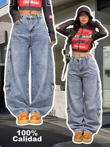 Jeans tipo barrel para mujer con diseño de múltiples bolsillos - Lavado ligero - Ver 1