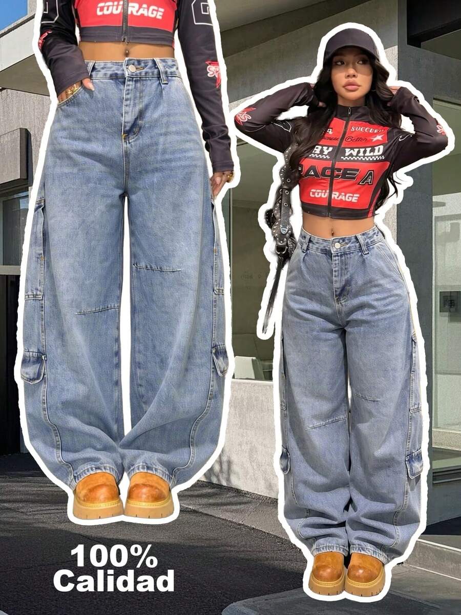 Jeans tipo barrel para mujer con diseño de múltiples bolsillos - Lavado ligero - Ver 1