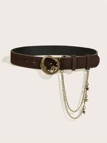 1pc Women's Retro Moon Circular Buckle Coffee Velvet Star Chain Waist Belt, Suitable For Daily Wear - Coffee - View 7
