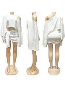Boho 2 Piece Outfits Textured Off Shoulder Batwing Sleeve Top & Tie Side Ruched Mini Skirt Set, Sexy Solid Seaside Vacation 2 Piece Outfits Tropicoque - Brown - View 11