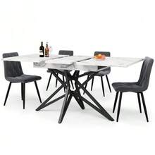 Dining Table Set (120/160 * 68 Cm Dining Table With 4 Chairs), Extendable Dining Table, Modern Kitchen Dining Table Set, Dining Chairs, Dark Gray Kitchen Chairs In Diagonal Patterned Velvet, Black Table Legs - White - View 1