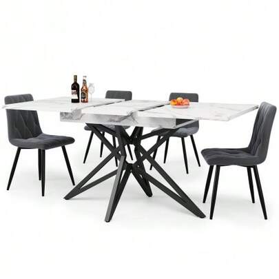 Dining Table Set (120/160 * 68 Cm Dining Table With 4 Chairs), Extendable Dining Table, Modern Kitchen Dining Table Set, Dining Chairs, Dark Gray Kitchen Chairs In Diagonal Patterned Velvet, Black Table Legs