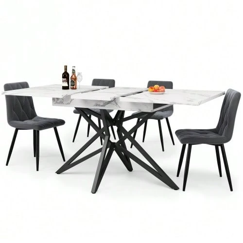Dining Table Set (120/160 * 68 Cm Dining Table With 4 Chairs), Extendable Dining Table, Modern Kitchen Dining Table Set, Dining Chairs, Dark Gray Kitchen Chairs In Diagonal Patterned Velvet, Black Table Legs - White - View 1