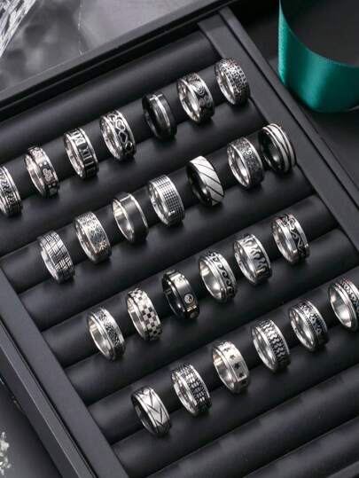 Set de 5/10/20 anillos de acero inoxidable para hombres, con diseños geométricos y de llama vintage, unisex, resistente al agua y a la decoloración, para uso diario y como regalo, surtido aleatorio