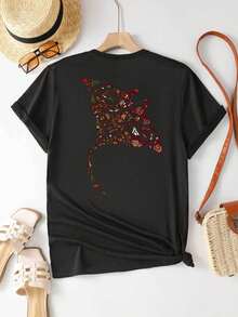 Women's Casual Y2K-Style Sporty T-Shirt With A Round Neck And Short Sleeves, Featuring Creative And  Christmas Elements Along With A Polynesian-Style Geometric 'Manta Ray' Pattern Printed On Both Sides. This Summer Top Is Lightweight And Comfortable. - Black - View 2