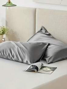2 piezas Funda de almohada de seda, funda de almohada con textura sedosa para el cuidado del cabello, opción ideal para una decoración del hogar cómoda - Gris - Ver 6