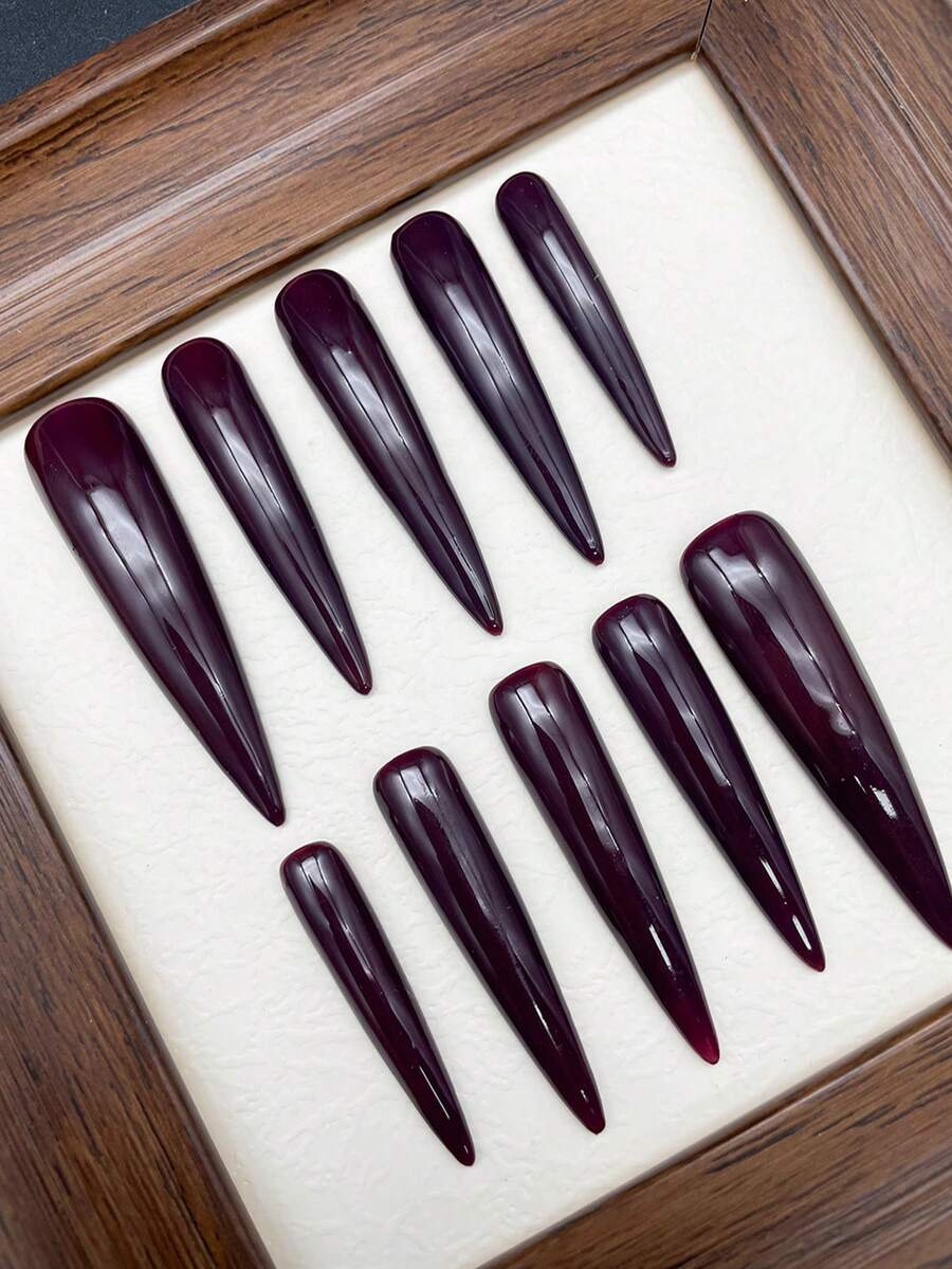 European And American Style Extra Long Stiletto Solid Color Fake Nails, Black, Purple, Wine Red Minimalist Long Artificial Nails, Gift For Girls
