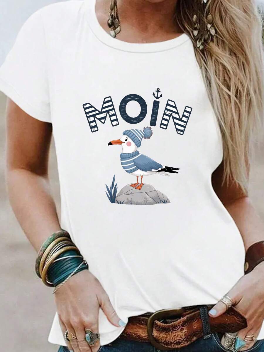 1pc Women's Spring/Summer Clothing, MOIN With Seagull On Hat And Anchor Graphic T-Shirt, Short Round Neck, Casual And Fashionable Top, Elegant Party Outfit, Loose Fit, Day Gift, Fun Design, Daily Wear, Loungewear - 白色 - 查看 1
