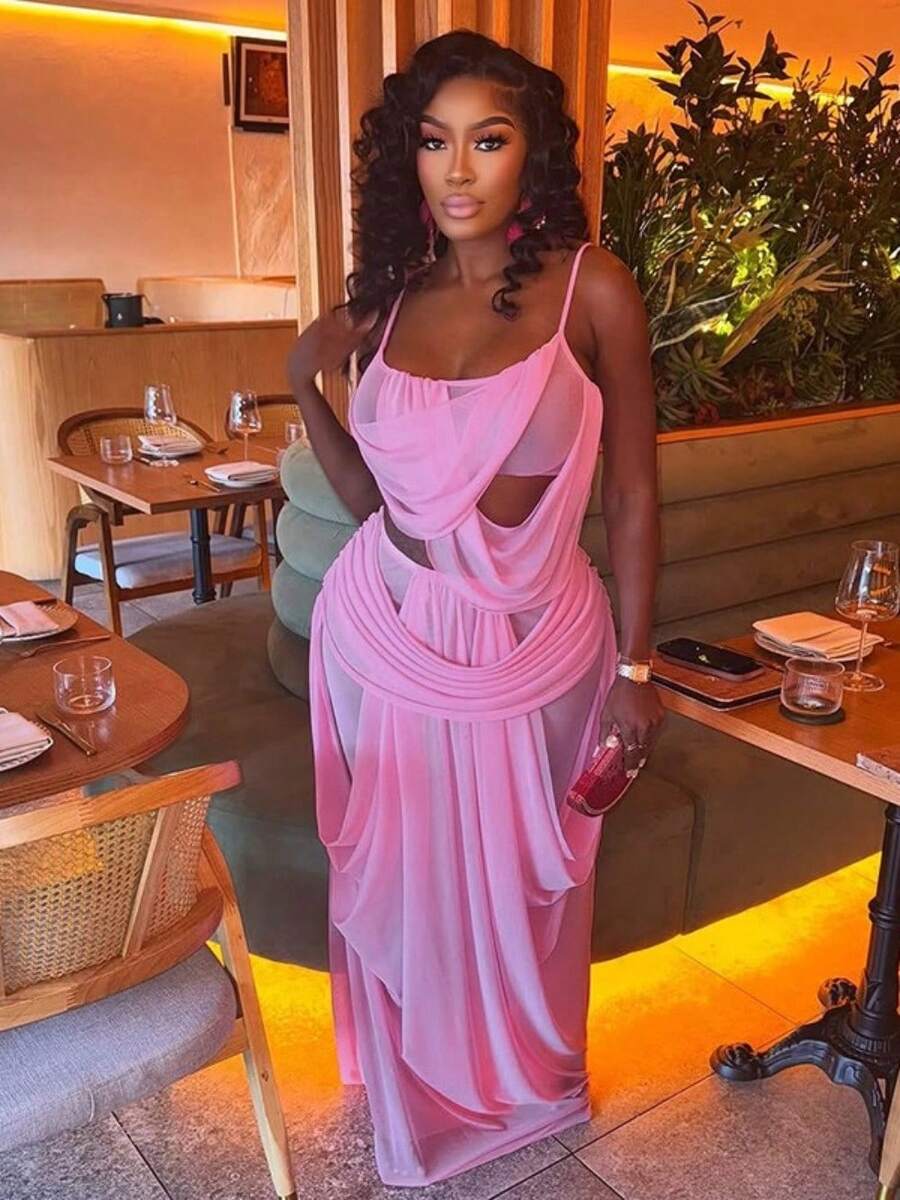2026 Summer New Arrival: Resort-Style Solid-Color Mesh-Panel Spaghetti-Strap Tank Top And Fitted Skirt Set For Women - Màu hồng (đã có sẵn, vui lòng đăng bán) - Xem 1