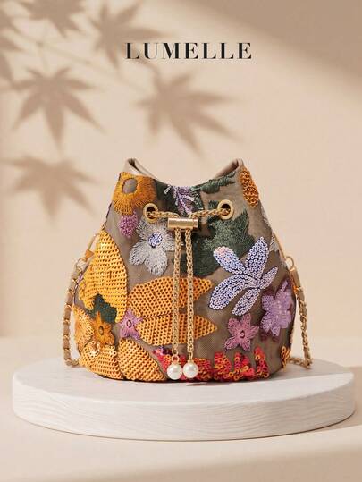 Bohemian Style Women's Embroidered Sequin Bucket Bag, Vintage Drawstring Pearl Chain Crossbody Bag, Fashionable Shoulder Handbag Suitable For Travel, Beach, Party