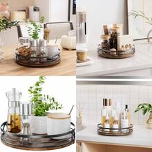 LAMU Lazy Susan Giratorio para Organizador de Cocina Bandeja Decorativa para Mesa de Madera Acacia Gabinete Encimera y Alacena Decoración del Centro de Mesa Comedor - Color Madera con Marco - Ver 1