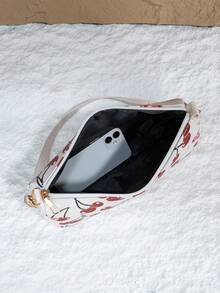 Milky White Cherry Print Underarm Bag, PU Material, Chain Shoulder Strap, Zipper Closure, Sweet & Spicy Style For Spring/Summer - White - View 4