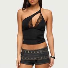 One Shoulder Halter Top, Lace Cutout Deep V Neck Slim Fit Sleeveless Cami - Black - View 2