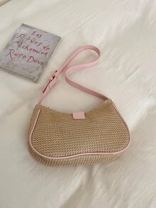 Fashionable Casual Woven Straw Underarm Baguette Bag For Women, Summer - Pink - View 6