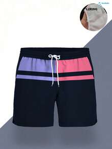 Men's Color-Block Swim Trunks (Red, White, And Navy Stripes; With Built-In Brief Liner) - Pink - View 7