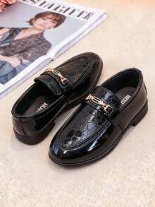 A Pair Of Boys' Round-Toe Leather Shoes, Formal Dress Shoes, Stylish Black Flat Shoes For Weddings And Evening Events, Suitable For Children Aged 4-12 - 黑色 - 查看 6