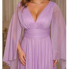 Luxury Long Dress With Flowing Sleeves And Deep Neckline – Timeless Elegance And Sparkle For Parties* - 紫丁香色 - 查看 2
