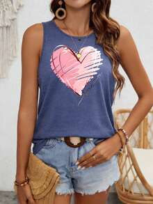 Three-Pack Women's Casual Sporty Style Vintage Fashion Round Neck Short Sleeve T-Shirt With Heart And Floral Print - 藏藍色背心一件-A - 查看 2