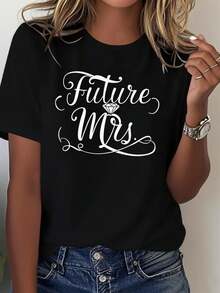 Camiseta de impresión de la carta de la señora del futuro y uni - novia boda solterartido top, manga corta casual blusa de cuello redondo, dama de honor en blanco y negro tre de cuidado para la fiesta de compromiso y tres diarios de verano - Negro - Ver 2