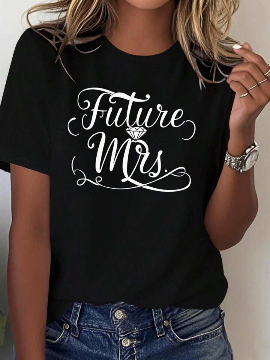Camiseta de impresión de la carta de la señora del futuro y uni - novia boda solterartido top, manga corta casual blusa de cuello redondo, dama de honor en blanco y negro tre de cuidado para la fiesta de compromiso y tres diarios de verano