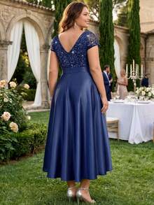 Plus Size V-Neck Sequin Embroidery Satin Patchwork High-Low A-Line Formal Dress, Suitable For Gala, Wedding Guest, Summer, Birthday, Graduation, Back To School, Vacation Elegant - Navy Blue - View 3