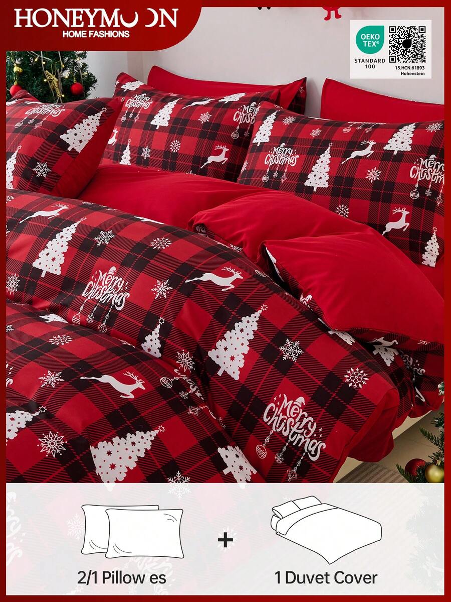 2/3件套圣诞格子印花被套套装,1件被套+1/2件枕套(不含被芯),柔软透气,时尚圣诞装饰床上用品,卧室和宿舍必备,通过Oeko-Tex认证 - 彩色 - 查看 1